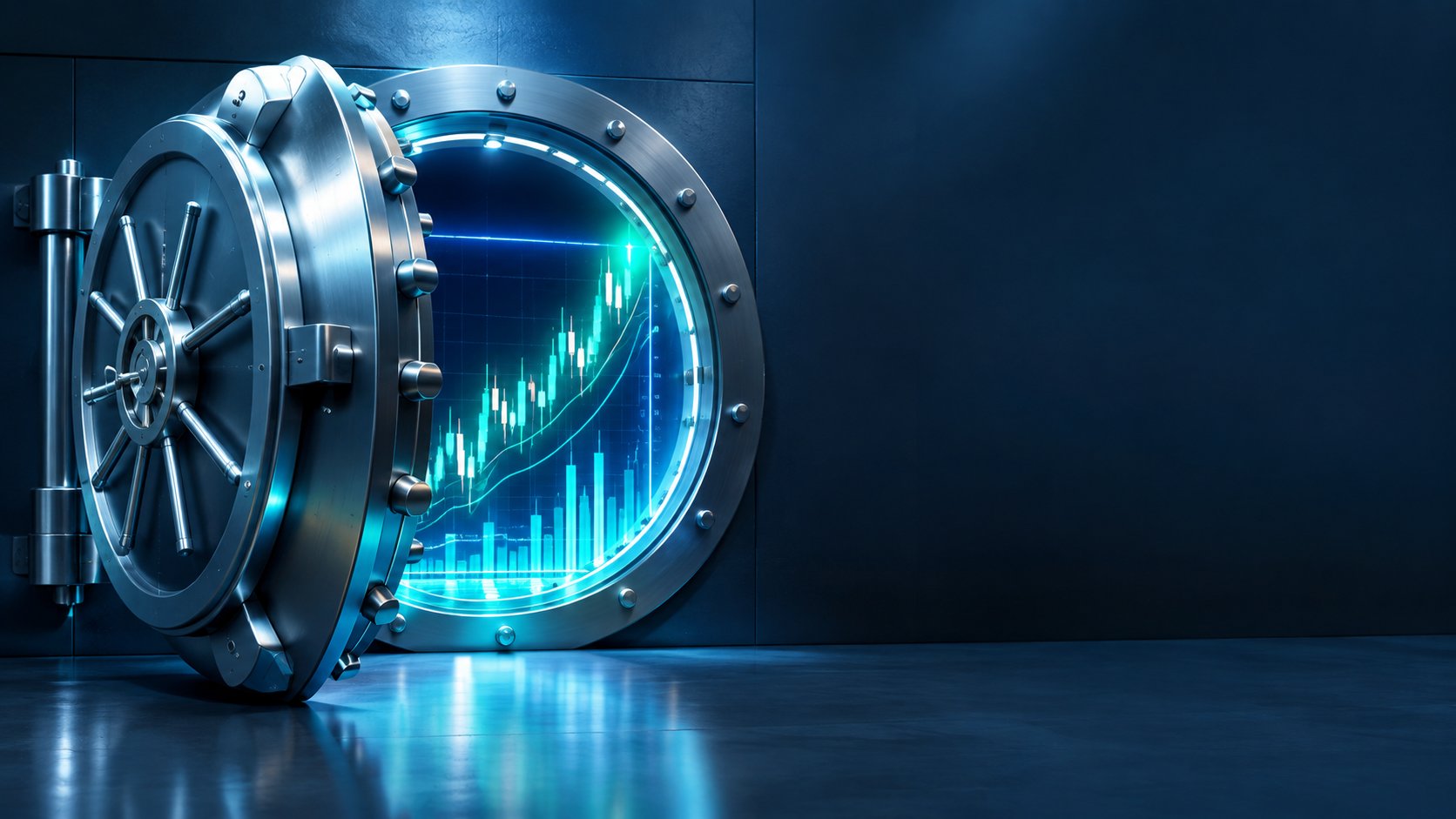 Bank vault door opening to reveal glowing stock charts