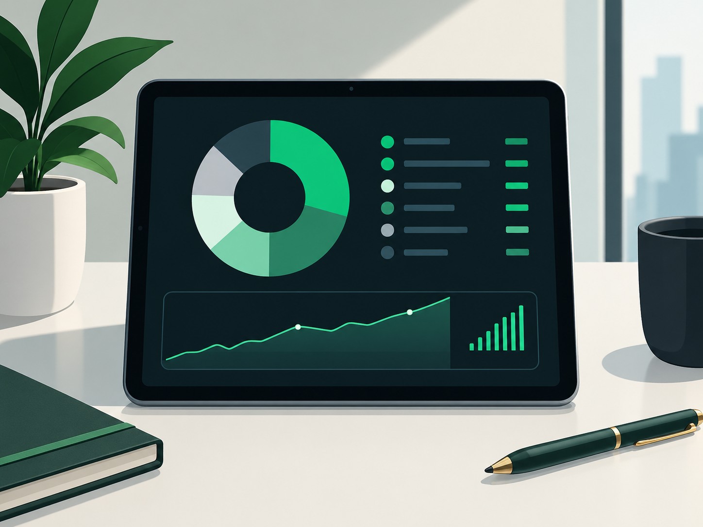 Tablet showing a diversified portfolio pie chart on a clean desk