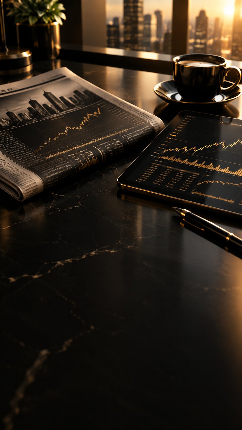 Financial newspaper tablet with charts and coffee on a desk