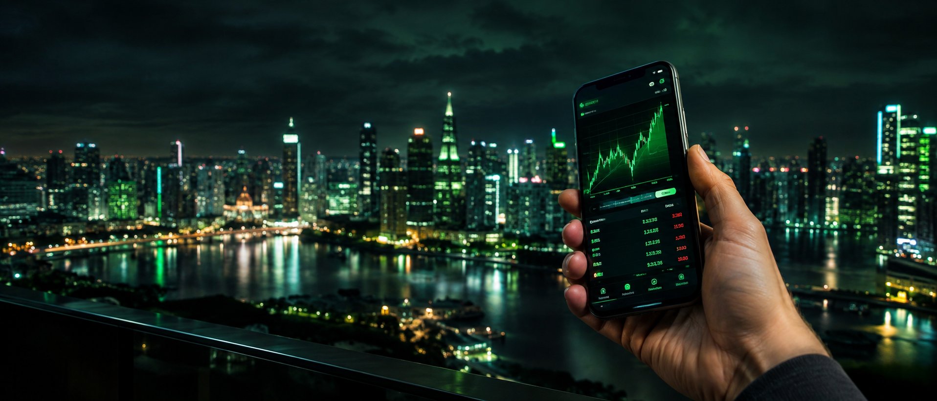 Hand holding a phone with a stock trading app and a city in the background