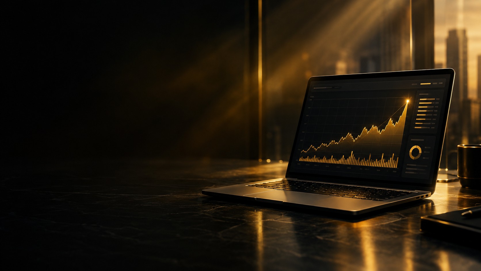 Laptop displaying an earnings report chart with a highlighted spike
